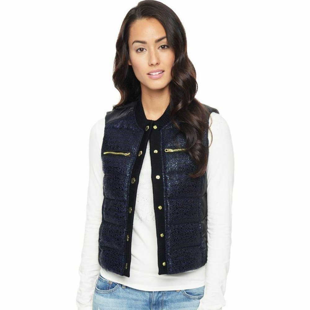 NWT JUICY COUTURE Shiny Tweed Zip Puffer Black Down fill Sleeveless Gillett Vest